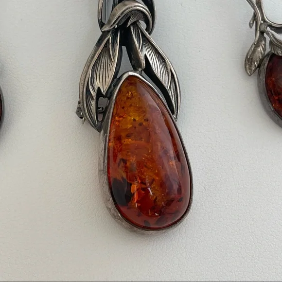 Vintage Sterling silver 925 Baltic Amber necklace pendant pin earrings brooch - Picture 11 of 16